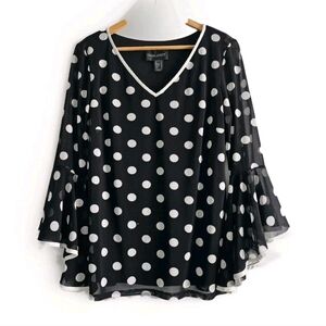 Frank Lyman Black White Polka Dot Ruffled Bell Sleeve Blouse Size 10 Lined Silky